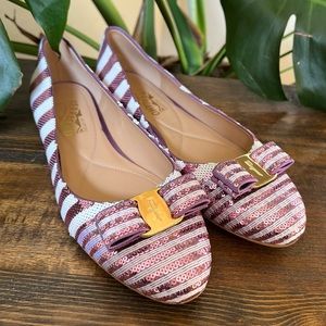 NEW! Salvatore Ferragamo $850 Varina Pink/White Sequin Vara Bow Flats 9.5B